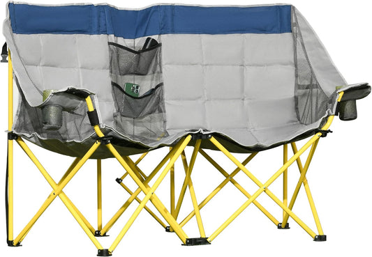 Outsunny Loveseat Style Camping Chair, Oversized Folding Lawn Chair with Carry Bag & Cup Holders, for Outdoor, Beach, Picnic, Hiking, Travel, Navy Blue & Gray