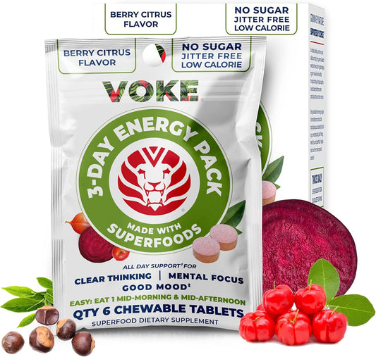 Voke ENERGY TABLETS - Rapid Focus Superfood Chewable Tablets, Pocket Portable, Resealable Packaging, Vitamin C, Supports Focus Memory Concentration Clear Thinking and Good Mood. 30 count (Pack of 5)