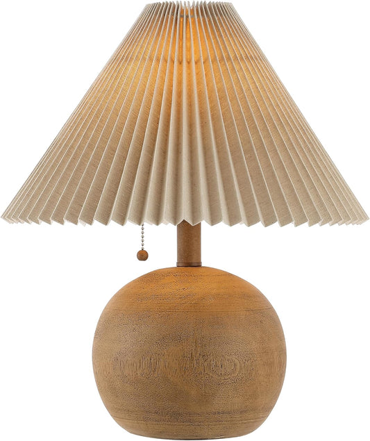 JONATHAN Y JYL1145A Aksel 17.25" Coastal Scandinavian Resin\/Iron Sphere LED Table Lamp with Pleated Shade and Pull Chain, Brown Wood Finish\/Beige, for Entry Console, Bedroom, Living Room