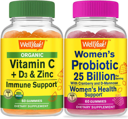 Organic Vitamin C + D3 + Zinc + Probiotics 25B+ Cranberry+ D-Mannose, Gummies Bundle - Great Tasting, Vitamin Supplement, Gluten Free, GMO Free, Chewable Gummy