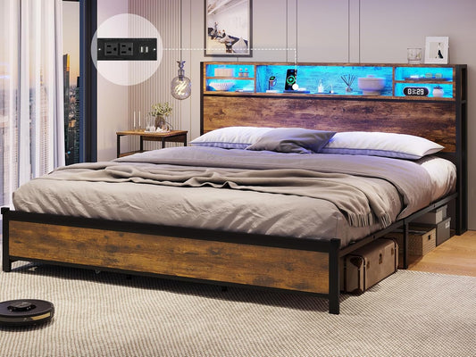 ADORNEVE King Size Bed Frame with LED Lights Headboard, Metal Platform Bed with Outlets and USB Ports, LED Bed Frame with Storage Headboard, Easy Assembly, Vintage Brown