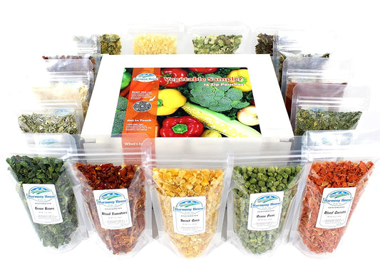 Harmony House Dehydrated Vegetable Sampler – 15 Count Variety Pack, Resealable Zip Pouches, For Cooking, Camping, Emergency Supply and More
