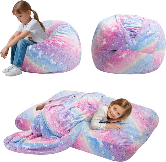 Bean Bag Chair for Kids, Toddler Beanbag Bed Unicorn, Convertible Children Bean Chair to Floor Mattress with Filler, Stuffed Child Bean Bags for Girl Boy Sleeping, Colorful Rainbow