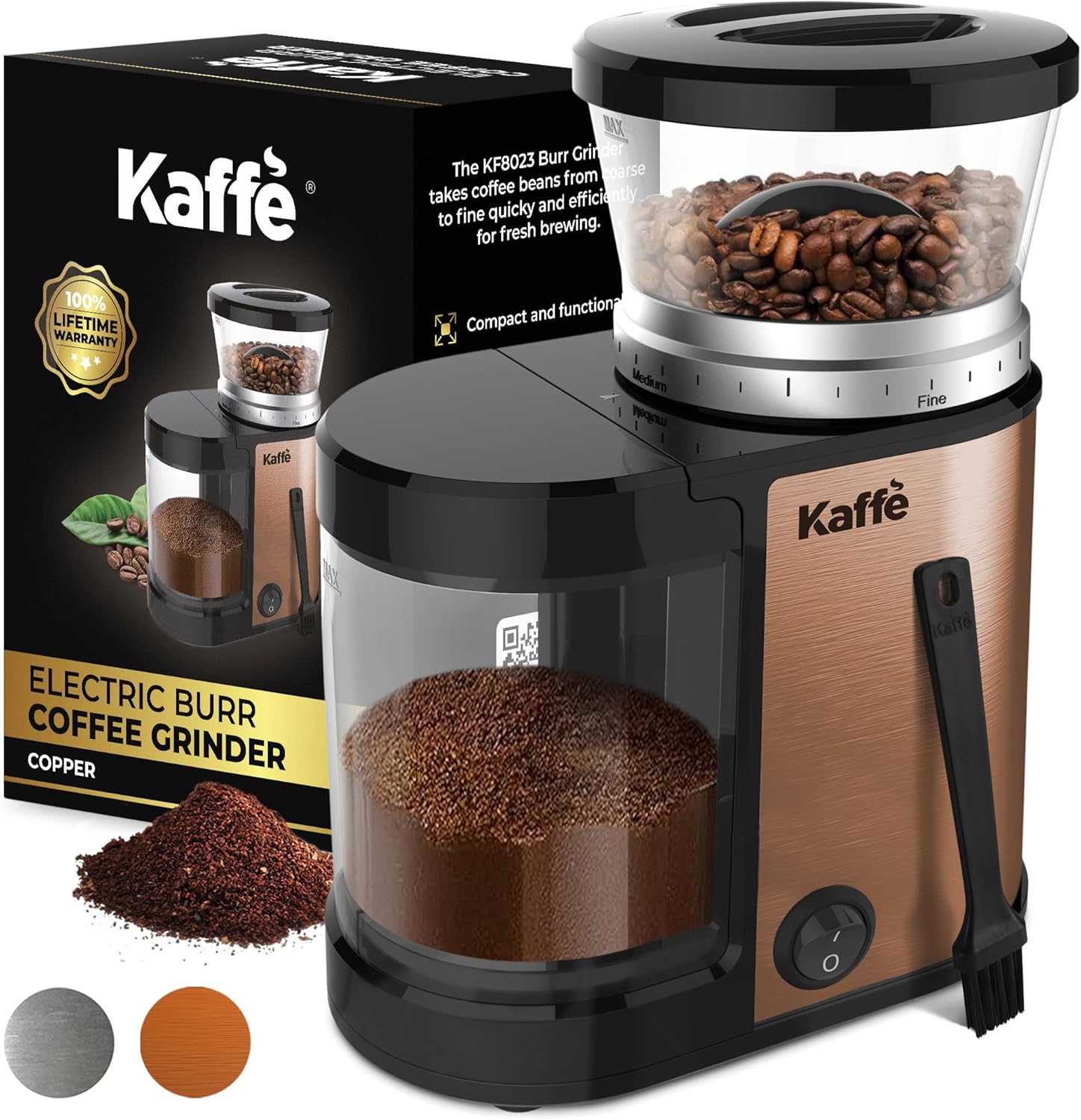 Kaffe Electric Burr Coffee Grinder (5.5oz) w\/Adjustable Coarseness Settings - Flat Burr - [New Upgraded Motor ] - Precision Coffee Bean Grinder for Home Use - Stainless Steel (Copper)