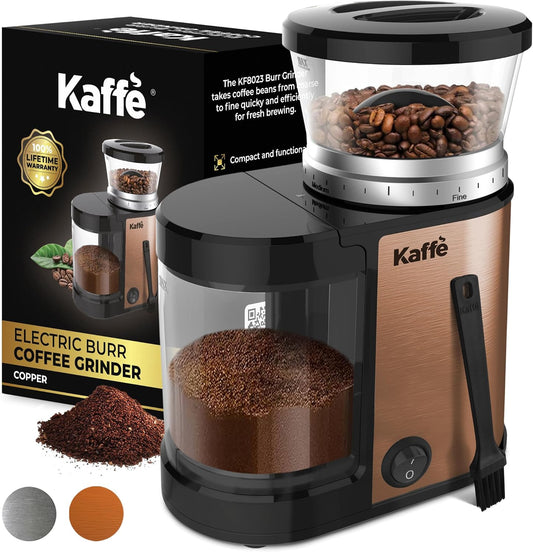 Kaffe Electric Burr Coffee Grinder (5.5oz) w\/Adjustable Coarseness Settings - Flat Burr - [New Upgraded Motor ] - Precision Coffee Bean Grinder for Home Use - Stainless Steel (Copper)