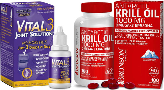 Vital 3 Joint Solution® Clinically Proven Liquid Knee Relief + Antarctic Krill Oil 1000 mg with Omega-3s EPA, DHA