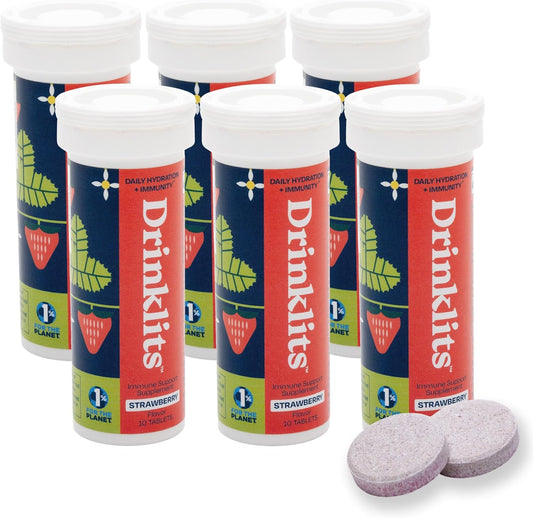 Drinklits Strawberry Immune Support Tablets (6) Tube Bundle | Daily Immunity - 0g Sugar - Vitamins - Electrolytes - Herbal Blend | 60 Servings – 10 Tablets per Tube