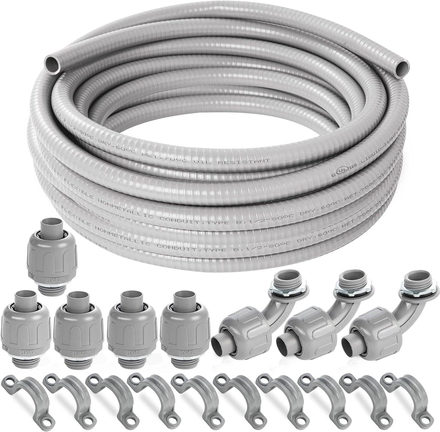 (1\/2" Dia * 50 Feet) Yariwiz Flexible Electrical Conduit Liquid Tight PVC Conduit Kit with 5 PCS Coupling, 3 PCS Elbow and 10 PCS Strap, Sealtight Seal Flex Liquidtight Wire Outdoor Non Metallic Grey