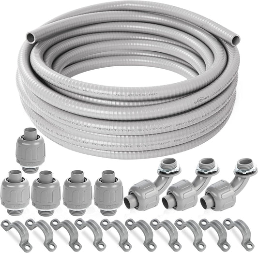 (1\/2" Dia * 50 Feet) Yariwiz Flexible Electrical Conduit Liquid Tight PVC Conduit Kit with 5 PCS Coupling, 3 PCS Elbow and 10 PCS Strap, Sealtight Seal Flex Liquidtight Wire Outdoor Non Metallic Grey