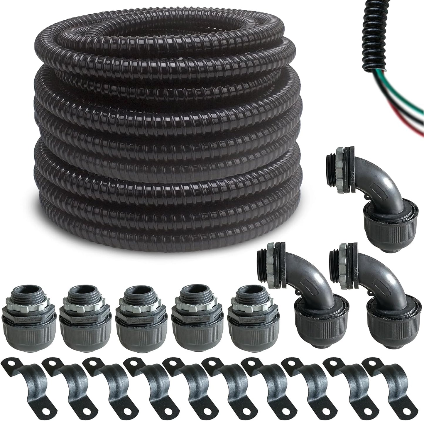 (1\/2" Dia * 50 Feet) Yariwiz Black Special Extra Flexible Electrical Conduit Liquid Tight PVC Conduit Kit with 5 PCS Coupling, 3 PCS Elbow and 10 PCS Strap, Sealtight Seal Flex Liquidtight Wire