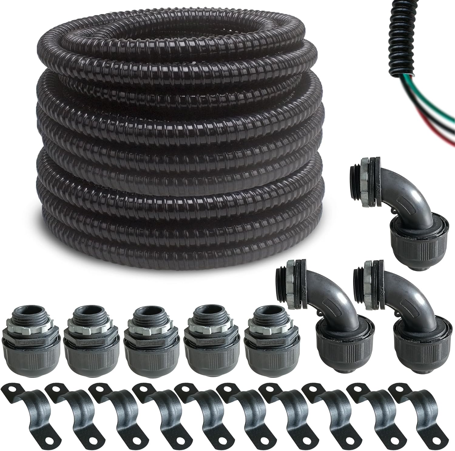 (1\/2" Dia * 50 Feet) Yariwiz Black Special Extra Flexible Electrical Conduit Liquid Tight PVC Conduit Kit with 5 PCS Coupling, 3 PCS Elbow and 10 PCS Strap, Sealtight Seal Flex Liquidtight Wire