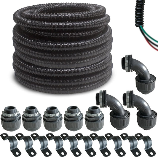 (1\/2" Dia * 50 Feet) Yariwiz Black Special Extra Flexible Electrical Conduit Liquid Tight PVC Conduit Kit with 5 PCS Coupling, 3 PCS Elbow and 10 PCS Strap, Sealtight Seal Flex Liquidtight Wire