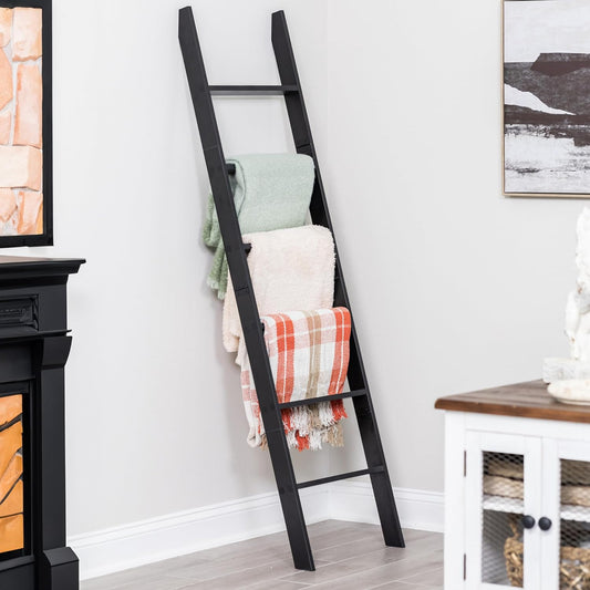 Blanket Ladder for Living Room and Bedroom, 6-Tier Wall Leaning Laminate Snag Free Construction (Black) Rustic Decorative Farmhouse Blanket Storage, Quilt Rack, Ladder Shelf, Easy Assembly