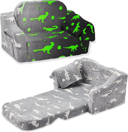 BUPPLEE 2-in-1 Extra Wide Kids Chair and Sofa, Convertible Toddler Couch to Lounger, Glow in The Dark Soft Chair, Comfy Foldable Sofa for Boys Girls, Gift Idea, Gray