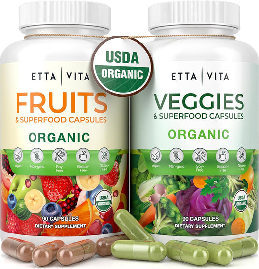 100% Organic Fruits and Veggies Supplement (USDA Organic - Made in USA) 180 Potent Fruits and Vegetable Capsules for Energy Boost & Daily Fruit and Vegetable Vitamins - Vegan, Non-GMO, Gluten-Free