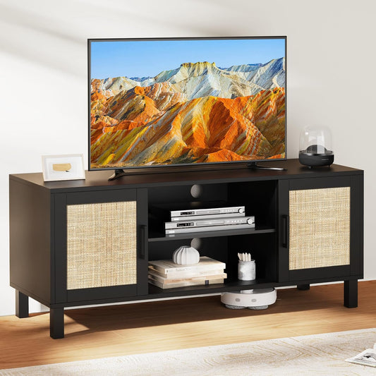 Boho TV Stand for TVs up to 65'', Entertainment Center with Rattan Door, Shelves & 2 Cabinets, Solid Wood Feet, Rattan Tv Stand for Living Room - Black
