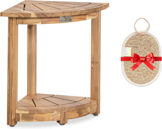 VICTORY RELAX Acacia Corner Shower Stool, Waterproof Spa Foot Rest & Bath Bench with Storage Shelf & Soap Dish, Ideal for Bathroom, Shaving Legs, or as Small Corner Table\/Step Stool (Light Natural)