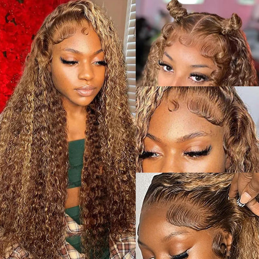 ZZMDS 26 Inch 13x6 Highlight Ombre Deep Wave Lace Front Wigs Human Hair Pre Plucked #4\/27 Colored Glueless Wigs Water Wave Honey Blonde Curly Lace Frontal Wigs Human Hair for Women with Baby Hair