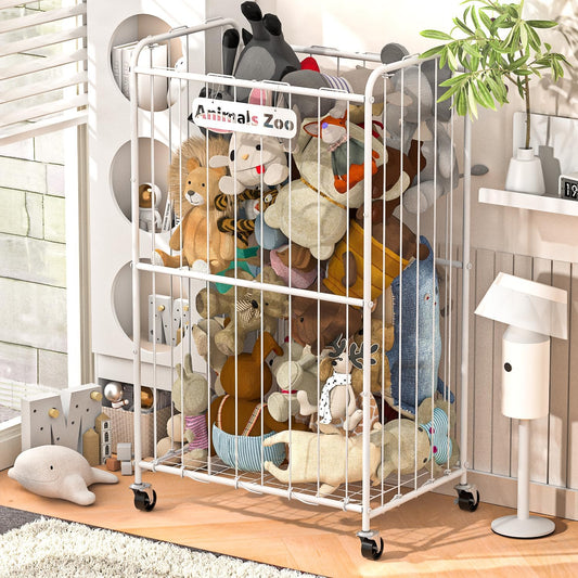 YKDIRECT 210L Stuffed Animal Organizer Plush Toy Storage Organizer Toy Storage Basket, Kids Toy Storage Bins with Wheels, Metal Frame and Elastic Cord Design, Suitable for Storage of Any Stuff