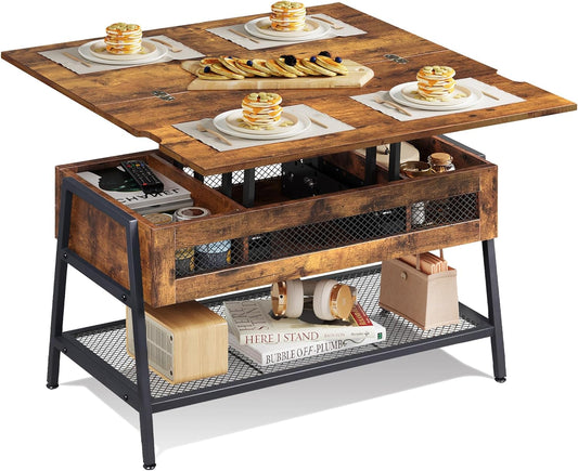 WLIVE Rustic Brown 3-in-1 Lift Top Coffee Table, 36.22"D x 39.37"W x 27.17"H, Multi-Function Coffee Table Converts to Dining Table for Living Room, Dining Reception Room