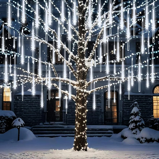ZPQBEYE Meteor Shower Lights Christmas Lights Outdoor 24-Tube 576LEDs Snow Falling Rain Cascading Icicle Lights for Xmas Tree Christmas Decorations Wedding Party Holiday Garden Decor, UL Plug White