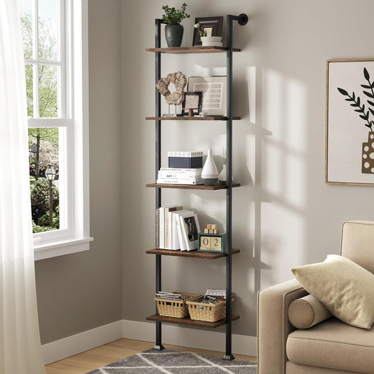 Axeman 5-Tier Ladder Shelf, Tall Narrow Bookcase for Small Spaces, Book Storage Organizer Case for Living Room, Home Office, Study, Industrial Style Black Metal Frame and Rustic Brown Shelf