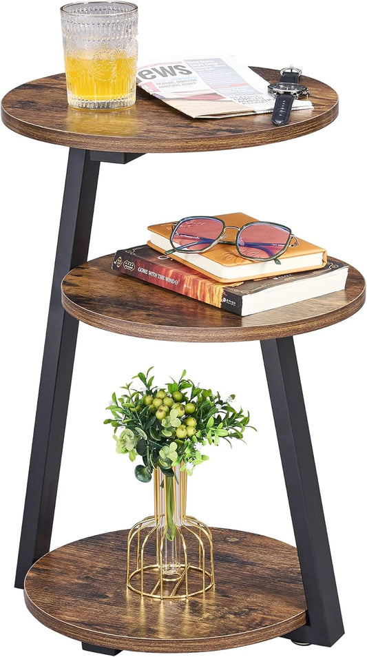 BEWISHOME Round End Table Side Table with Metal Frame, Accent Table Nightstand Bedside Table with 3-Tier Shelves for Living Room Bedroom Couch Small Coffee Table Rustic Brown KTZ41Z
