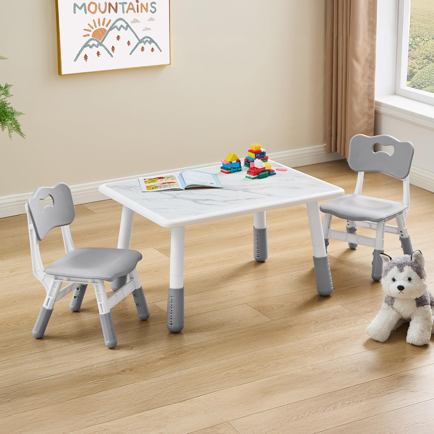 DOREROOM Toddler Table and 2 Chairs Set, Height Adjustable Kids Table and Chair Set, 31.5''L x 23.6''W, Marble Pattern & Graffiti Desktop, Children Multi-Activity Table for Home\/Daycare\/Classroom