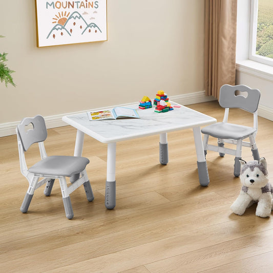 DOREROOM Toddler Table and 2 Chairs Set, Height Adjustable Kids Table and Chair Set, 31.5''L x 23.6''W, Marble Pattern & Graffiti Desktop, Children Multi-Activity Table for Home\/Daycare\/Classroom