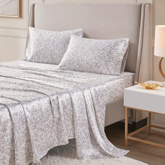 Madison Park Essentials Satin Sheet Set Luxury and Silky with Natural Sheen, Elastic 14" Pocket fits up to 16" Mattress, All Around Elastic - Year-Round Bedding, Queen Taupe Leopard 4 Piece
