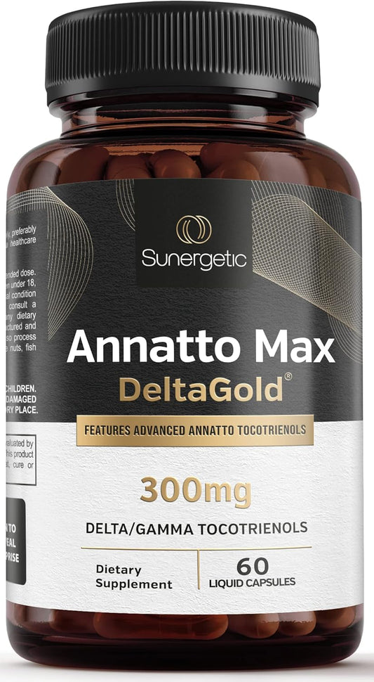 Sunergetic Premium Annatto Tocotrienol Supplement \u2013 with DeltaGold \u2013 Tocotrienols Vitamin E 300 mg \u2013 Supports Liver, Immune & Heart Health - Delta + Gamma Tocotrienols (60 Liquid Capsules)