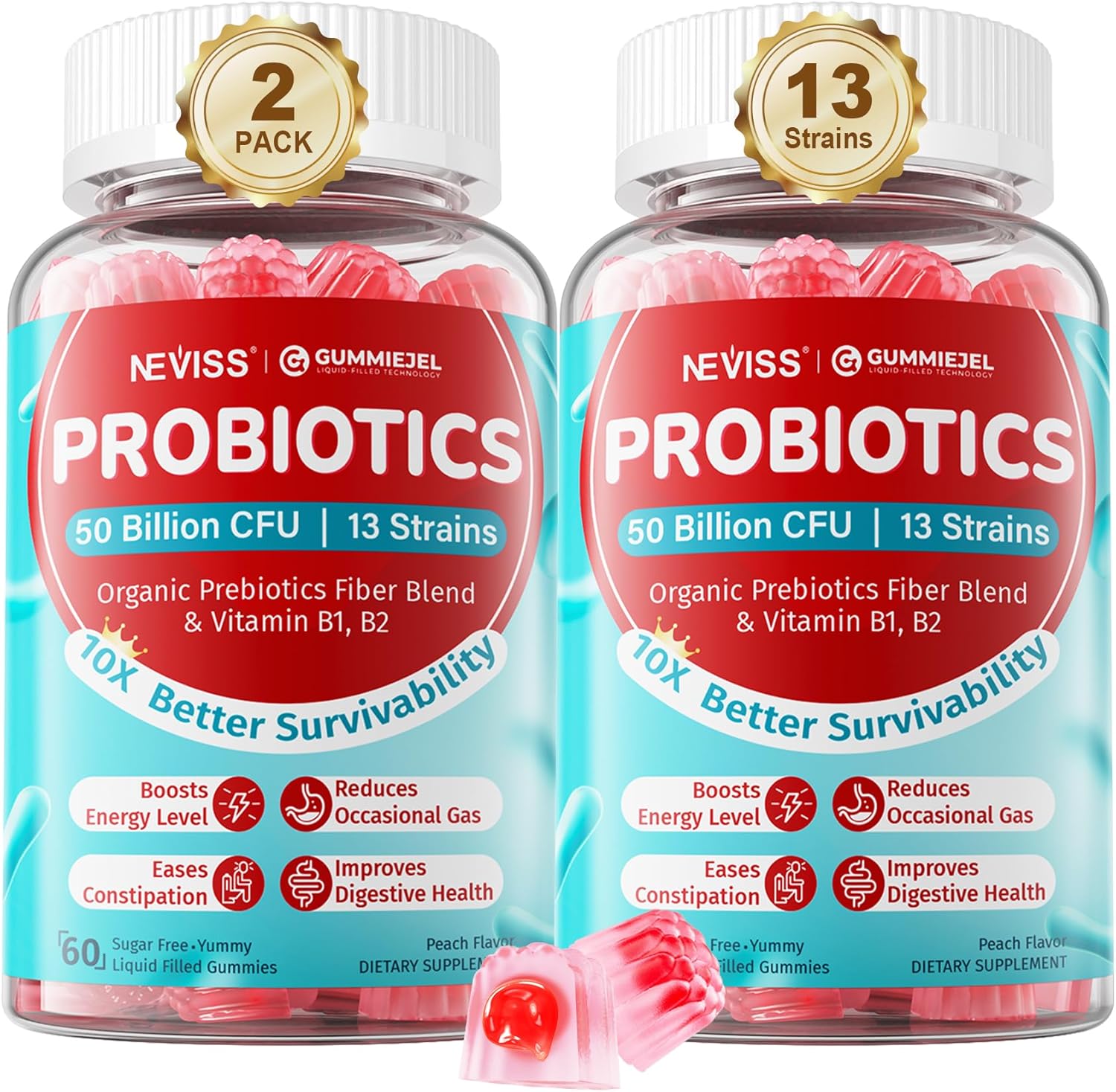 Sugar Free Probiotics Gummies for Adults & Kids 4+, Probiotics 13 Strains 50 Billion CFUs w\/Acacia Prebiotics + Vitamin B1, B2, D3 & Zinc, for Digestive & Gut Health, Immunity, Vegan Chewable,120 Cts