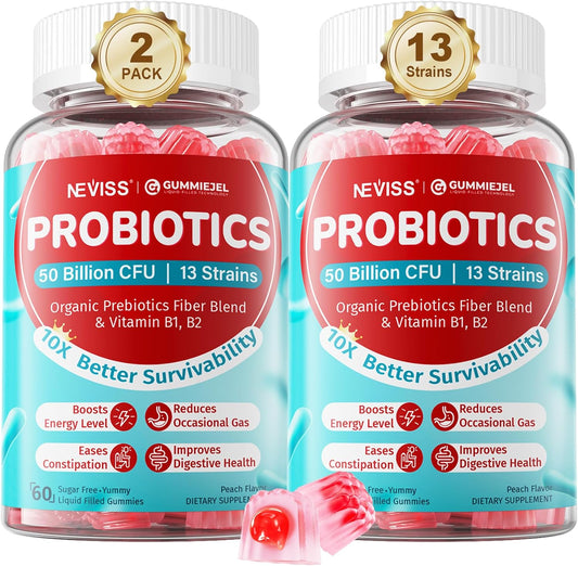 Sugar Free Probiotics Gummies for Adults & Kids 4+, Probiotics 13 Strains 50 Billion CFUs w\/Acacia Prebiotics + Vitamin B1, B2, D3 & Zinc, for Digestive & Gut Health, Immunity, Vegan Chewable,120 Cts