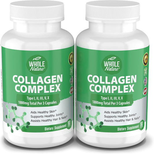 Multi Collagen Protein Peptides Supplement Capsules - 1800mg Collagen Complex Types I, II, III, V, X - Joint Support, Healthy Hair, Skin, Nails, Beauty Vitamins, 100% Natural, Non-GMO 180ct (2)