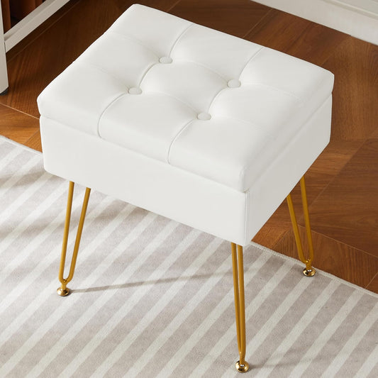 BETUXE® White Storage Stool Chair for Vanity Desk Bedroom Bathroom, Small Vanity Stool Chair for Makeup Room, Multifunctional Ottoman Foot Rest