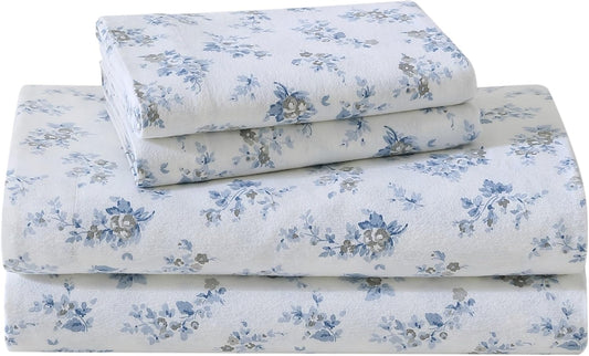 Laura Ashley - King Sheet Set, Cotton Flannel Bedding, Brushed for Extra Softness & Comfort (Audrey Blue, King)