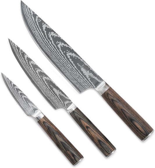 GreenPan x Bobby Flay 3 Piece Knife Set, Pairing Utility & Chef\u2019s Knife, Premium Stainless Steel Blades, Precision Cutting Kitchen Tools, Hand Finished Wood Handle, Damascus Steel Design