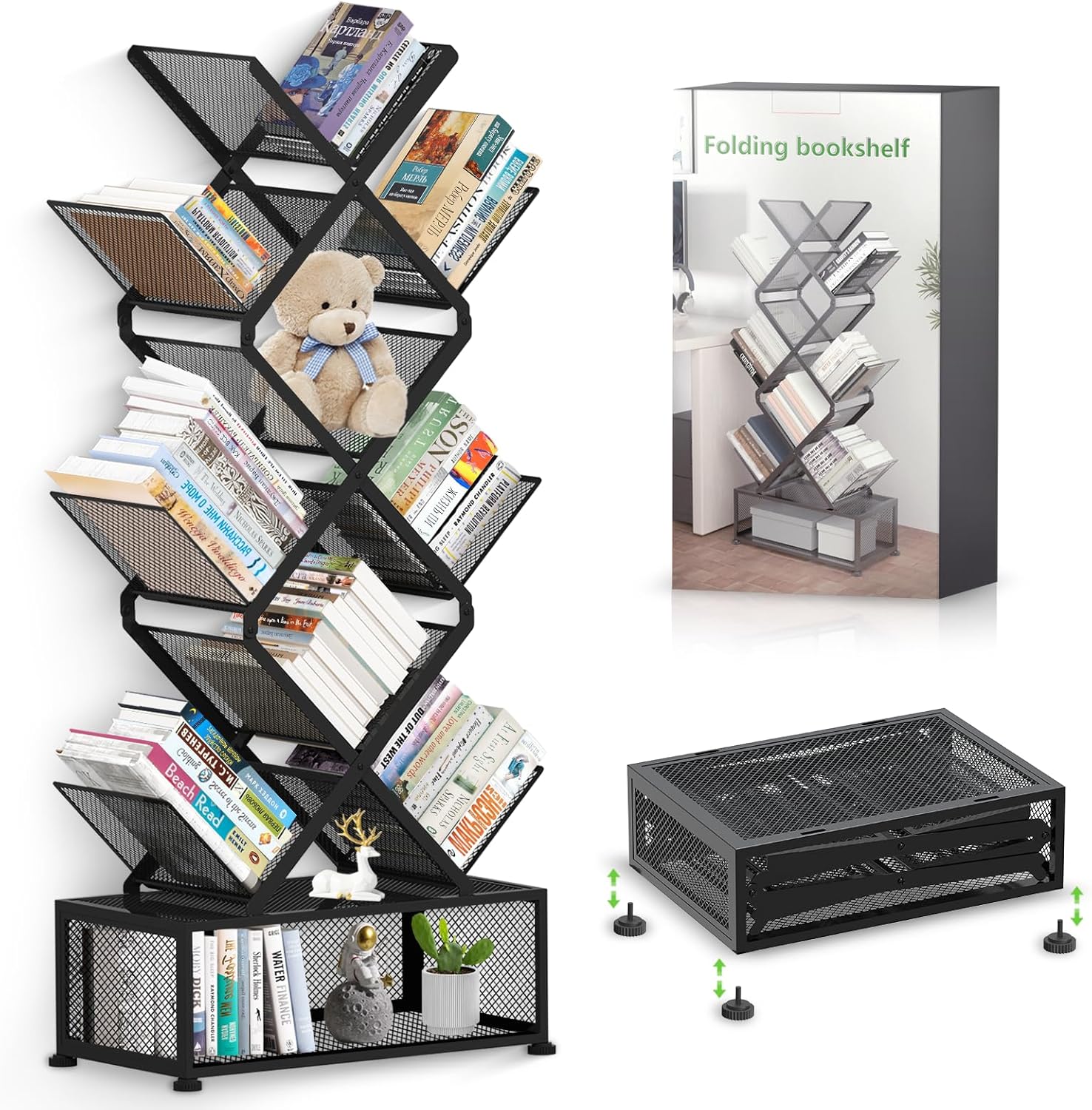 9 Tier Tree Bookshelf,Small Bookcase with Storage Cabinet, Modern Tall Narrow Folding Metal Bookcase，Floor Standing Book Shelf for Bedroom/Living Room/Home Office/Corner,Black