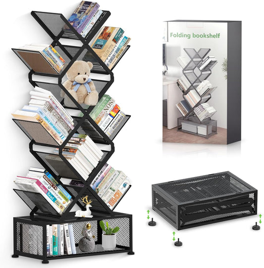 9 Tier Tree Bookshelf,Small Bookcase with Storage Cabinet, Modern Tall Narrow Folding Metal Bookcase，Floor Standing Book Shelf for Bedroom/Living Room/Home Office/Corner,Black