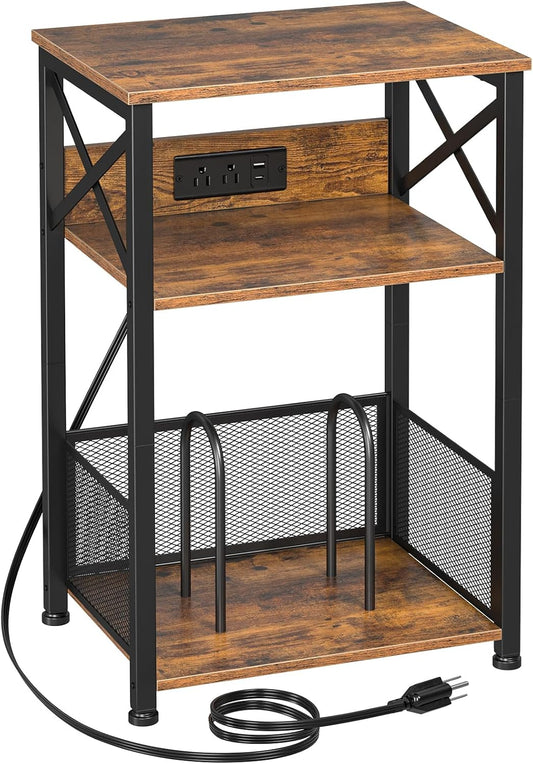 AMHANCIBLE Record Player Stand with Charging Station, Turntable Stand with Storage Cabinet, 3 Tier End Table Hold Up to 100 Albums, Record Stand for Vinyl, Living Room, Rustic Brown, HETCD01BR-1