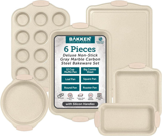BAKKENMASTER 6-Piece Deluxe Nonstick Baking Pan Set - Professional Grade Carbon Steel Bakeware with White Marble Coating & Silicone Handles