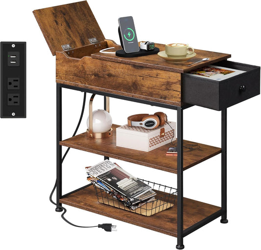 WLIVE Narrow Side Table with Charging Station, End Table for Living Room, Couch Side Table with Fabric Drawer for Bedroon, 11.8\u2018\u2019W 23.6\u2018\u2019L 24\u2018\u2019H, Rustic Brown