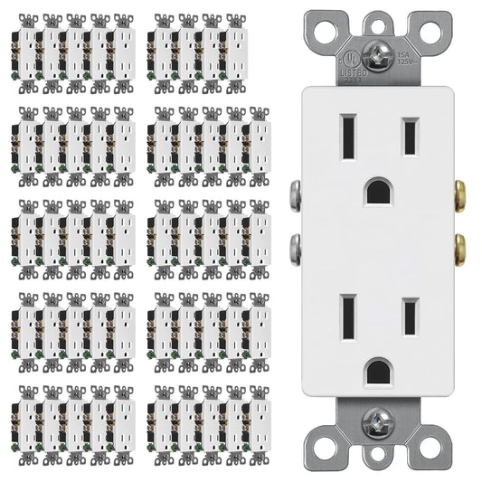 (50 Pack) CML 15 Amp Decorator Wall Receptacle Outlet, Standard Electrical Outlet, Non-Tamper Resistant, 15A\/125V, 2 Pole 3 Wire, White, UL Listed