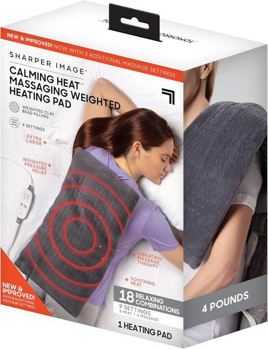 Calming Heat Massaging Weighted Heating Pad by Sharper Image- Weighted Electric Heating Pad with Massaging Vibrations, 6 Settings- 3 Heat, 3 Massage- 9 Relaxing Combinations, 12\u201D x 24\u201D, 4 lbs
