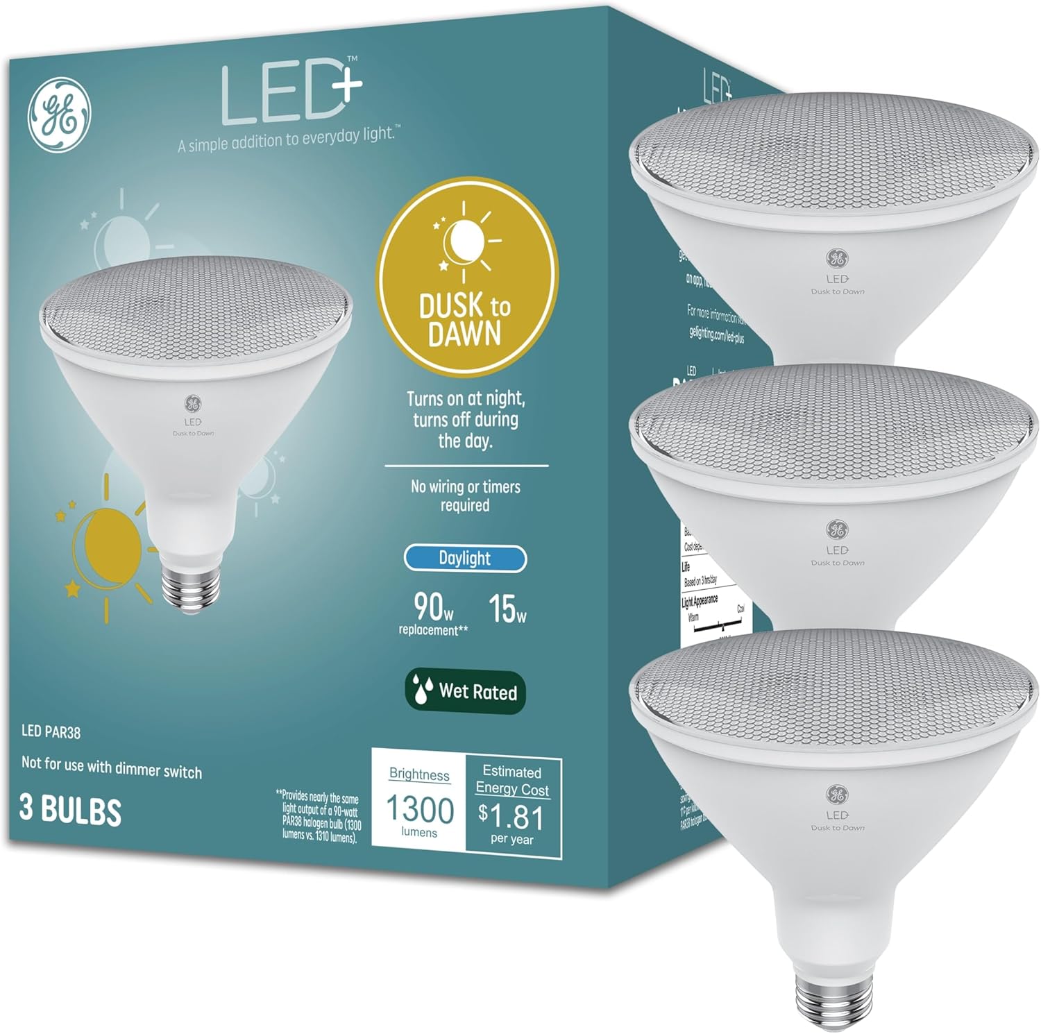 GE LED+ Dusk to Dawn LED Light Bulbs, 15 Watts, Automatic On\/Off PAR38 Outdoor Floodlight, Daylight (3 Pack)