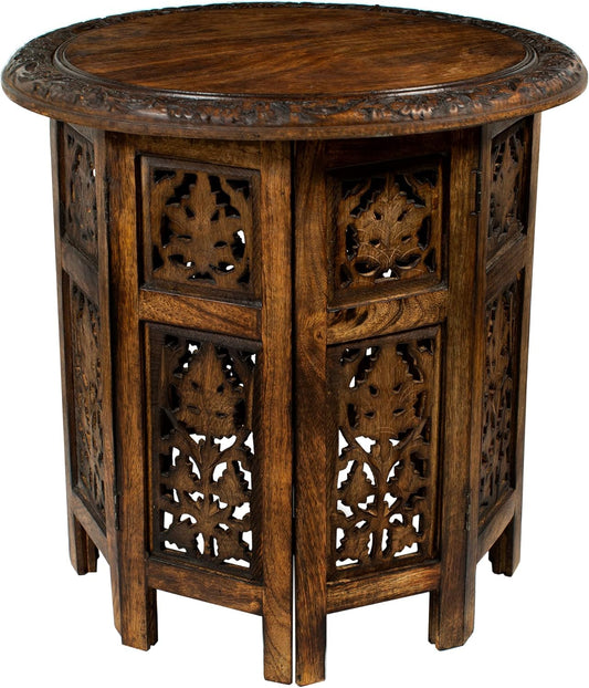 COTTON CRAFT Solid Wood Accent End Table - Hand Carved Vintage Boho Folding Side Table - Small Spaces Entryway Farmhouse Living Room Bedside - No Tools Assembly -18x18 Round - Jaipur Antique Brown