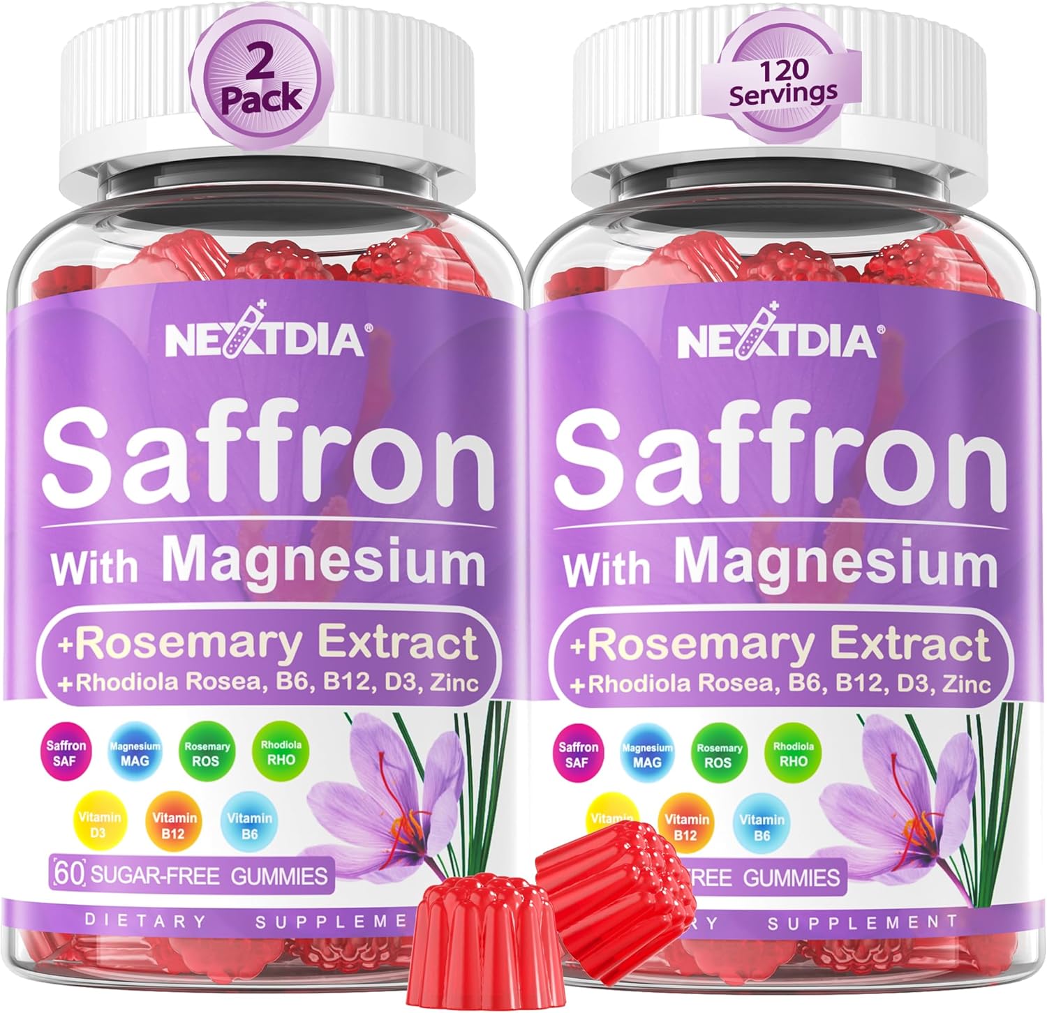 Saffron Supplements Gummies - 4 Months Supply - Saffron Extract 177mg 88.5mg, w\/Magnesium Glycinate 400mg 200mg, Rhodiola Rosea, Rosemary, B6 B12 D3 for Calm, Nerve, Rest, Focus, Sugar-Free, 2 Pack