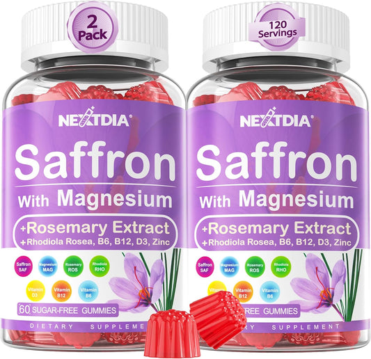Saffron Supplements Gummies - 4 Months Supply - Saffron Extract 177mg 88.5mg, w\/Magnesium Glycinate 400mg 200mg, Rhodiola Rosea, Rosemary, B6 B12 D3 for Calm, Nerve, Rest, Focus, Sugar-Free, 2 Pack