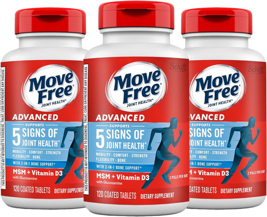 Move Free Advanced Glucosamine Chondroitin MSM + Vitamin D3 Joint Support Supplement, Supports Mobility Comfort Strength Flexibility & Bone + Immune Health - Tablet, 3x120ct Bottles (120 servings)*