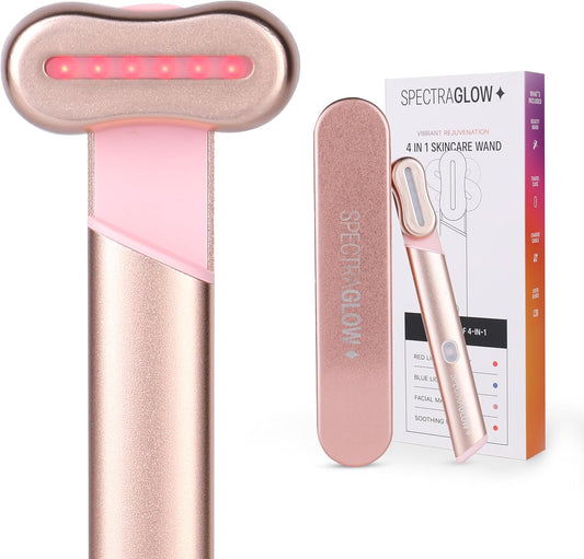 4-in-1 Red & Blue Light Skincare Wand - Facial Rejuvenation Device for Home Use, Adjustable Head & Portable Beauty Tool for Anti-Aging & Skin Health, Rose Gold